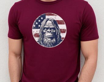 Bigfoot American Flag Shirt, Sasquatch tshirt, gift for him, shirts for men, outdoor shirt, vintage style, American flag, graphic shirt