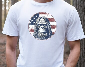 Bigfoot American Flag Shirt, Sasquatch tshirt, gift for him, shirts for men, outdoor shirt, vintage style, American flag, graphic shirt
