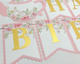 Tea Party Floral Gold Happy Birthday Banner Paper Party Decoration