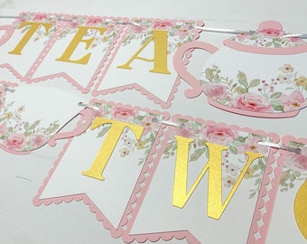 Tea For Two Floral Gold Banner Paper Party Decoration