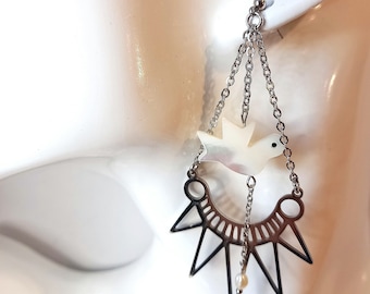 Steel earrings with mother-of-pearl bird