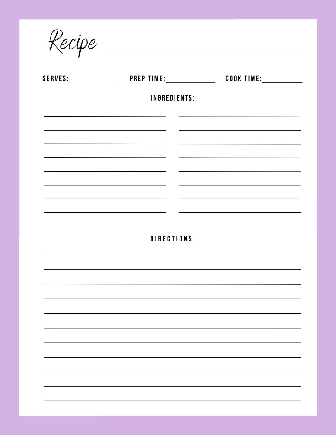 Recipe Card-purple, 8.5 X 11 In, Digital Download, PDF, Instant Access ...