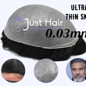 May include: A gray hairpiece with black hair and the text "Just Hair" and "Ultra Thin Skin 0.03mm". The image includes close-ups of the hair and skin material, and a portrait of a man.