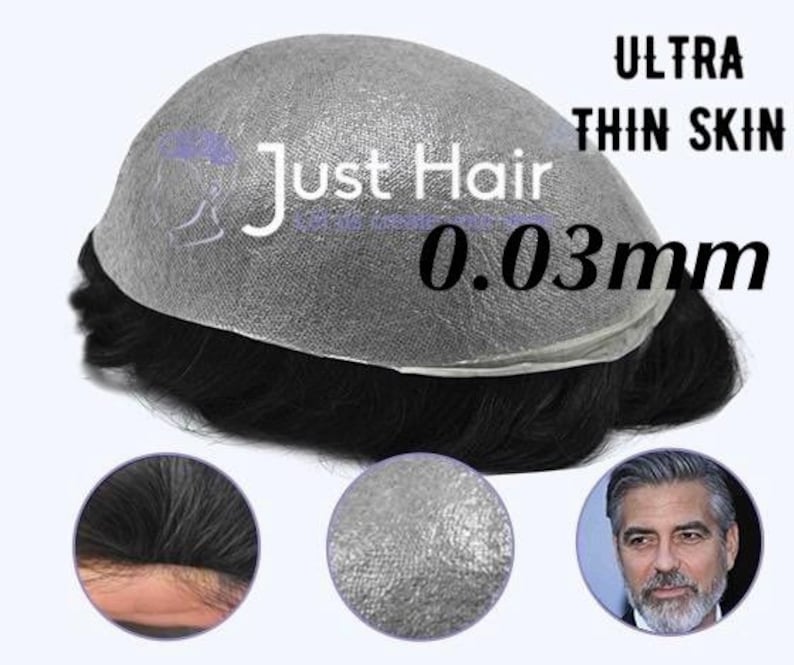 May include: A gray hairpiece with black hair and the text "Just Hair" and "Ultra Thin Skin 0.03mm". The image includes close-ups of the hair and skin material, and a portrait of a man.