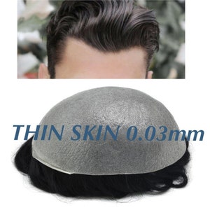 May include: A hair replacement system with a thin, transparent base and dark hair. The text "THIN SKIN 0.03mm" is printed on the base. The image also shows a close-up of a person's hairline.