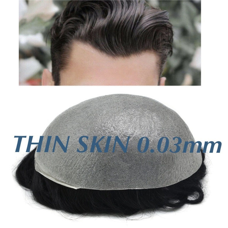 May include: A hair replacement system with a thin, transparent base and dark hair. The text "THIN SKIN 0.03mm" is printed on the base. The image also shows a close-up of a person's hairline.