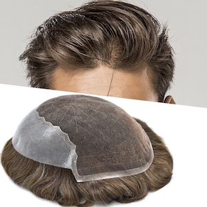 May include: A brown toupee with a thin, clear, lace base. The toupee is designed to cover a receding hairline.