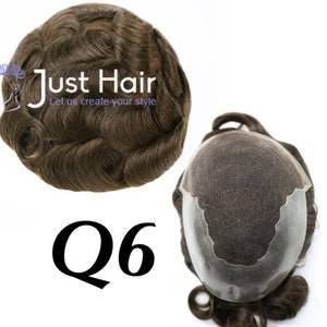 May include: A toupee with brown hair in a wavy style. The toupee is shown on a white background with the text "Just Hair Let us create your style" and the number "Q6".