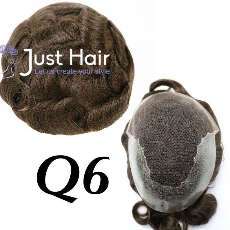 May include: A toupee with brown hair in a wavy style. The toupee is shown on a white background with the text "Just Hair Let us create your style" and the number "Q6".