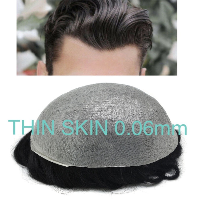 May include: A black toupee with a thin skin base, labeled "THIN SKIN 0.06mm".