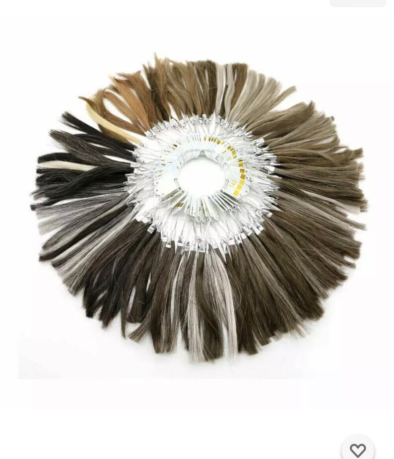 May include: A circular hair color swatch fan featuring a variety of hair colors, including shades of brown, gray, and blonde. The fan is designed to display different hair color options for professional use. The samples are arranged in a radial pattern.