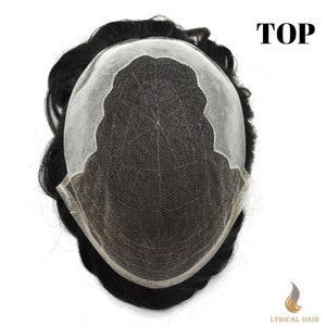 May include: A black hairpiece with a lace base. The hairpiece is designed to cover the top of the head. The lace base is visible in the image. The hairpiece is labeled "TOP".