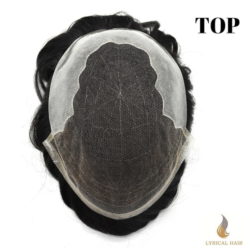 May include: A black hairpiece with a lace base. The hairpiece is designed to cover the top of the head. The lace base is visible in the image. The hairpiece is labeled "TOP".