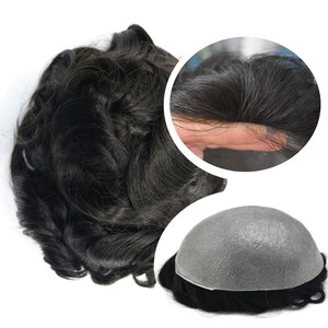 May include: A black hair toupee with a natural-looking hairline. The image shows the toupee from multiple angles, including a close-up of the hair's texture and the base construction. The hair appears to be wavy and dark.