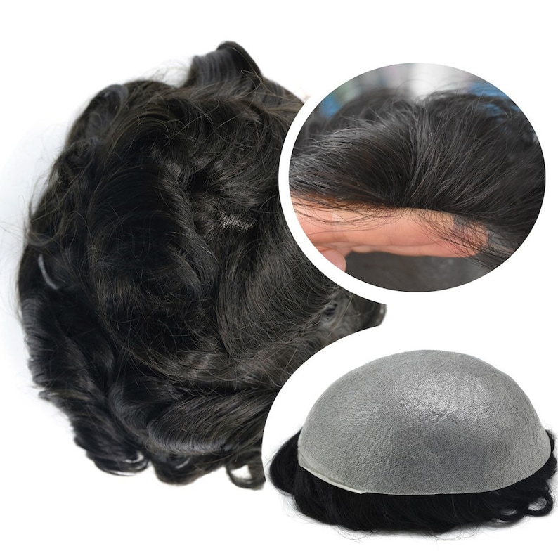 May include: A black hair toupee with a natural-looking hairline. The image shows the toupee from multiple angles, including a close-up of the hair's texture and the base construction. The hair appears to be wavy and dark.