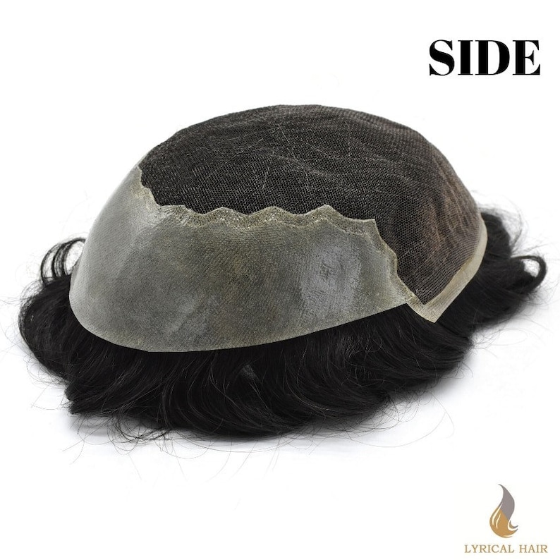 May include: A black hairpiece with a thin, transparent base. The base is designed to be attached to the scalp. The hairpiece is styled in a short, wavy style. The image is labeled "SIDE".