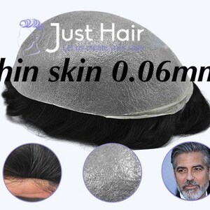 May include: A black toupee with a thin, 0.06mm skin base. The toupee is made of human hair and is designed to look natural. The toupee is shown on a white background.