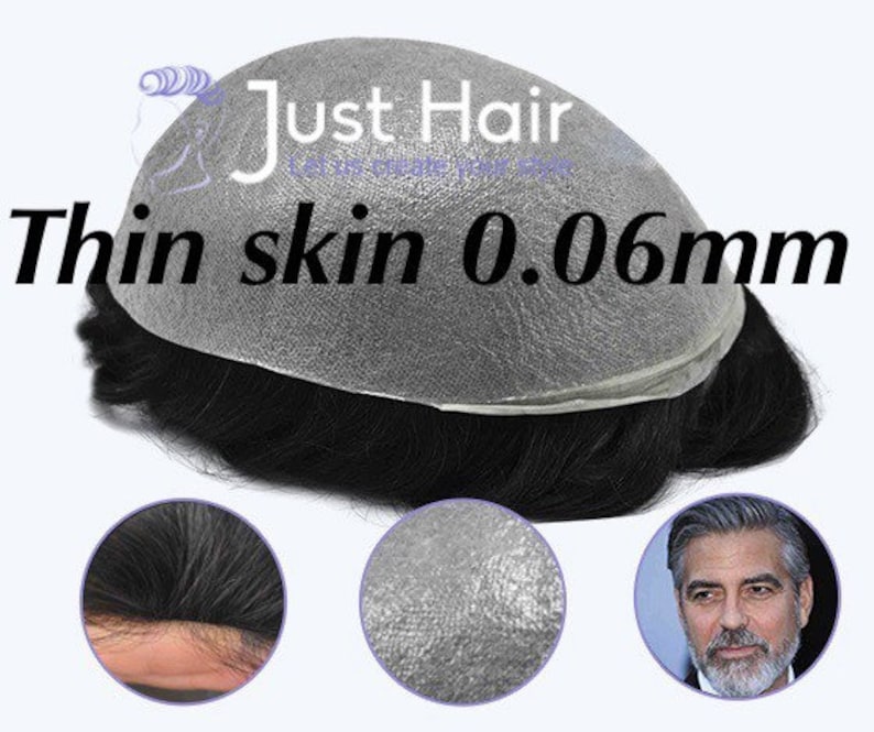 May include: A black toupee with a thin, 0.06mm skin base. The toupee is made of human hair and is designed to look natural. The toupee is shown on a white background.