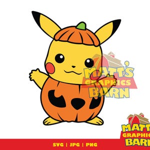 May include: A cartoon illustration of a yellow character wearing an orange pumpkin costume. The character has black-tipped ears, red cheeks, and a smiling face. The image includes the text "Matt's Graphics Barn" and "SVG | JPG | PNG".