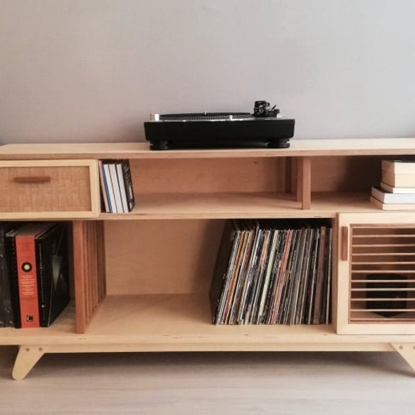 stockage de disques, stockage de vinyle, support de table tournante, bibliothèque en bois, design moderne du milieu du siècle