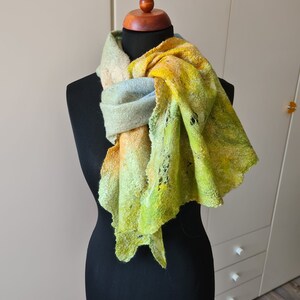 Scarf, Stola felted in green yellow blue tones
