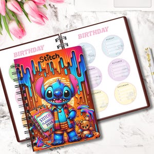 May include: A colorful Stitch planner for 2026, featuring a cartoon character design. The planner is open to reveal a birthday calendar. A laptop, pen, and pink tulips are also in the image.