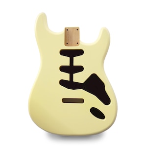 Könnte beinhalten: Cremefarbener E-Gitarrenkorpus mit schwarzen Aussparungen für Tonabnehmer und Bedienelemente. Der Korpus hat eine glatte Oberfläche und eine Holztaschen für den Hals. Ein klassisches Design für Gitarrenliebhaber.
