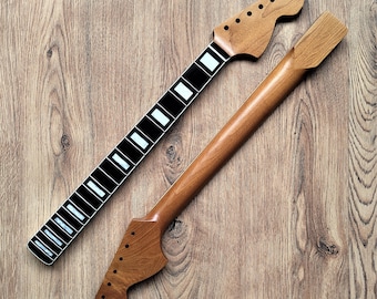 Stratocaster Compatible Rosewood and Roasted Maple Guitar Neck 70s Large Headstock with Pearl Inlays