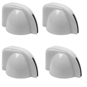 May include: Four white plastic knobs with a black line on the side. The knobs are designed for use with a variety of appliances.
