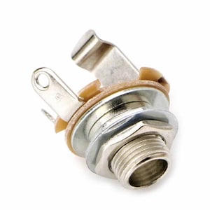 May include: A silver-toned metal guitar jack connector with a threaded end and a spring-loaded clip. The connector has a brown insulating ring around the base.