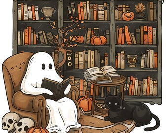 Puede incluir: Un fantasma blanco sentado en un sillón marrón leyendo un libro en una habitación con una estantería llena de libros, velas, calabazas y un gato negro.