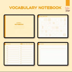 May include: A digital printable vocabulary notebook with a yellow and black color scheme. The notebook includes a cover page, a page with different page templates, a contents page, and a chapter page.