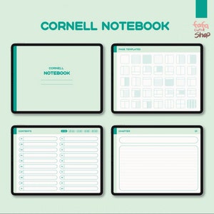 May include: A digital illustration of a Cornell notebook template on a tablet screen. The template includes a table of contents, a chapter page, and several page templates with different layouts. The text "Cornell Notebook" is displayed at the top of the image.