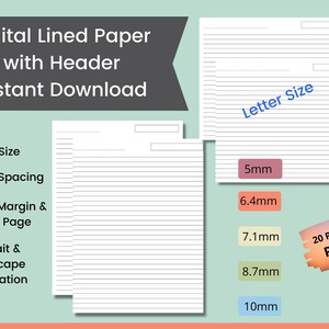 printable digital lined paper portrait landscape wide etsy