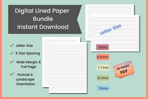 printable digital lined paper portrait landscape wide etsy