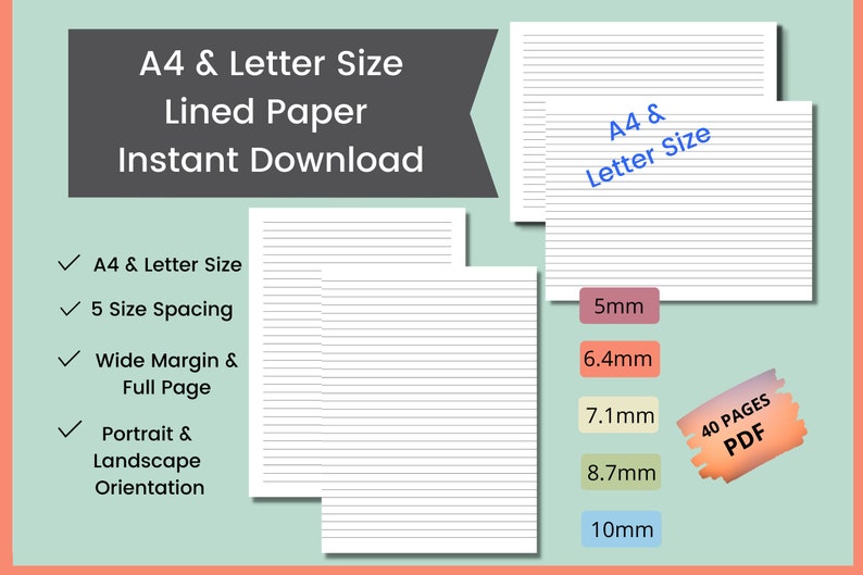 printable digital lined paper portrait landscape wide etsy
