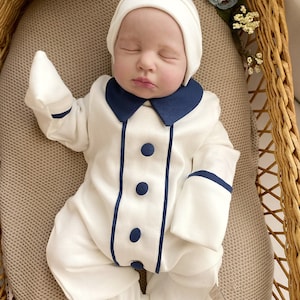 Handmade Cotton Baby Boy Romper and Hat: Navy Blue Coming Home Outfit