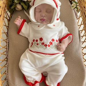 Newborn Girl Outfit: Red Daisy Embroidery Romper, Hat, Handmade Cotton