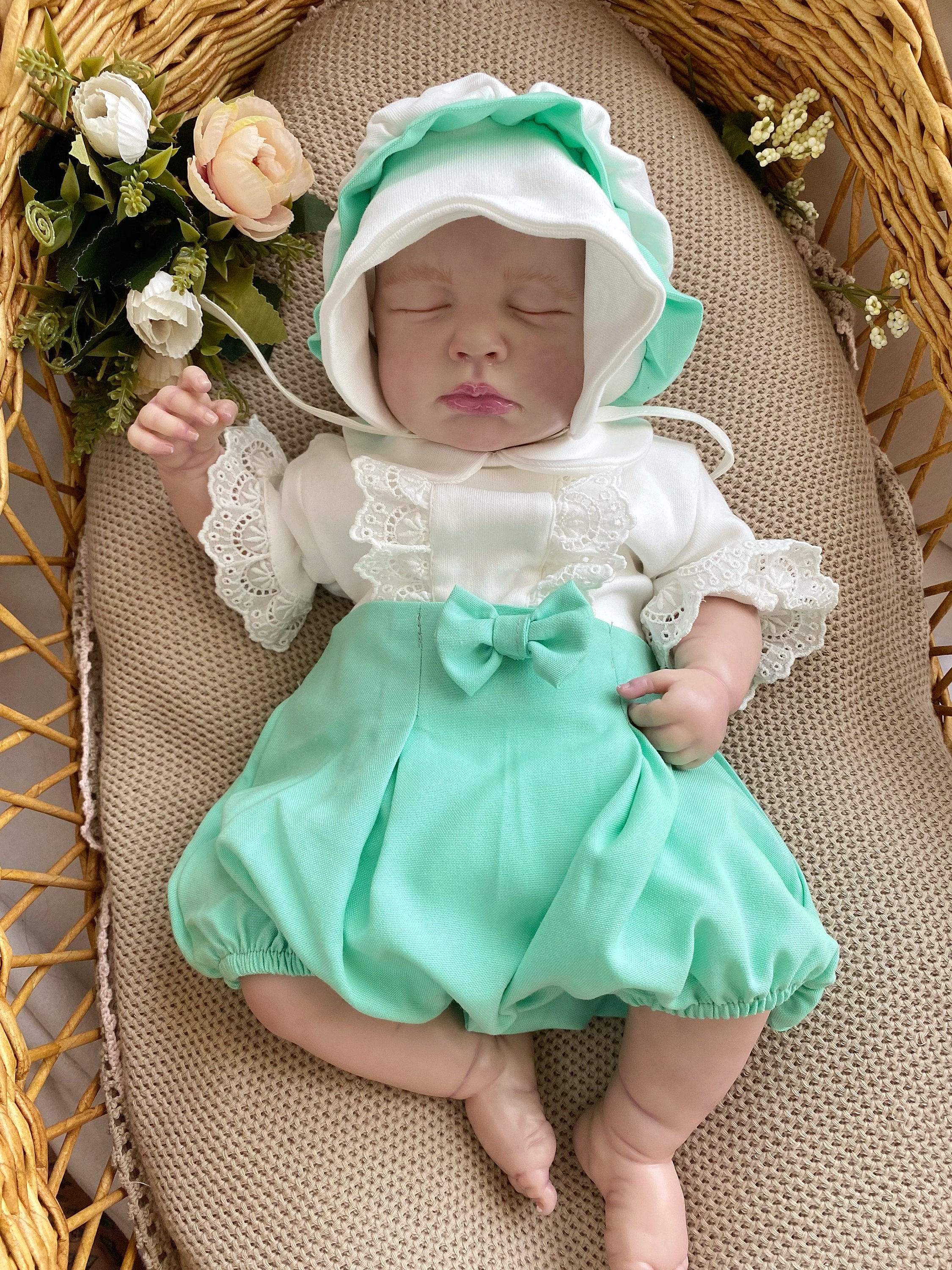 Mint Green Baby Outfit: Cotton Eyelet Romper and Bonnet