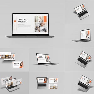 May include: A mockup of a laptop computer with a white background. The laptop screen displays a presentation with the text "Laptop Mockup" and a photo of people working in an office. The laptop is shown in various positions, including closed, open, and tilted.