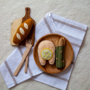 Set da gioco con cibo da gioco/salmone in feltro: giocattoli in feltro, cibo in feltro, giocattoli di ruolo, giocattoli da cucina in feltro, cibo per pesci in feltro, gioco di finzione, certificato CE