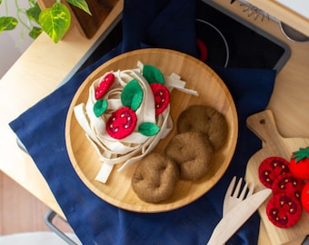 Zestaw do zabawy w fettuccine - jedzenie do zabawy, jedzenie z filcu, zabawki do odgrywania ról, zabawki z filcu dla dzieci, jedzenie z filcu do zabawy, zabawa w udawanie, certyfikat CE, zabawki z filcu