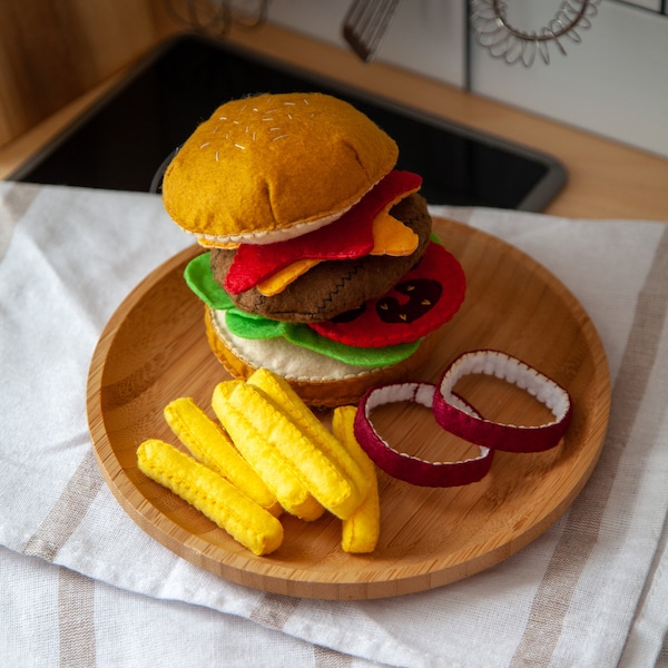 Speel eten | Vilten Hamburger Speelset - Vilten speelgoed, viltvoedsel, rollenspelspeelgoed, viltspeelgoed voor kinderen, Montessori-speelgoed, fantasiespel, CE-gecertificeerd