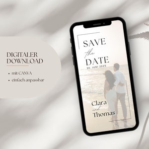 Digital Save the Date Card Mariage | Télécharger pour smartphone | Intemporel et moderne | Modèle Canva | Personnalisable | Collection : Clara