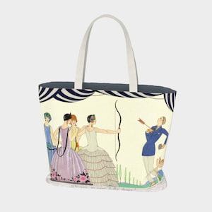May include: A white tote bag with a colorful illustration of four women and a man. The women are wearing dresses and hats, and the man is wearing a blue suit. The illustration is set against a backdrop of a striped curtain. The text "Rien ne nous battra jamais!" is printed at the bottom of the bag.