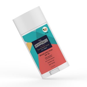 May include: White sunscreen stick with a teal, red, and yellow design. The label reads "The #EVERYDAY HUSTLE Premium Sunscreen Stick For Men BROAD SPECTRUM SPF 50 Water Resistant (up to 80mins) UVA UVB Protection No White Cast Reef-Friendly Ginger".
