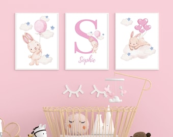 Customised Nursery Prints| Girls room art| baby name print| Bunny| pink| Digital| home Décor, Printable. A4 & A3 Size