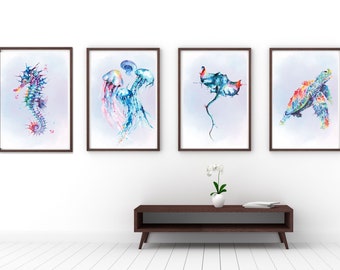 Sea Creature wall Art | Digital Prints | home Decor | Sea watercolor wall decor | wall Art | Sea Animals | pastel, A4 & A3 Size