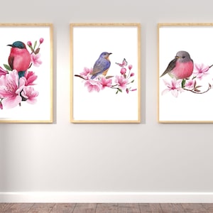 3 Elegant Floral Bird Prints | Digital Prints | home Decor | gifts | wall Art | pink floral prints | A4 & A3 Size