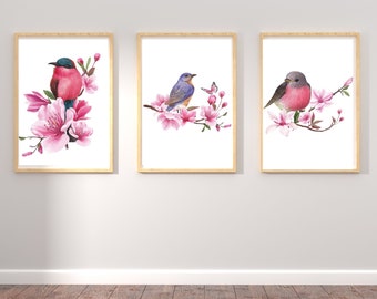 3 Elegant Floral Bird Prints | Digital Prints | home Decor | gifts | wall Art | pink floral prints | A4 & A3 Size